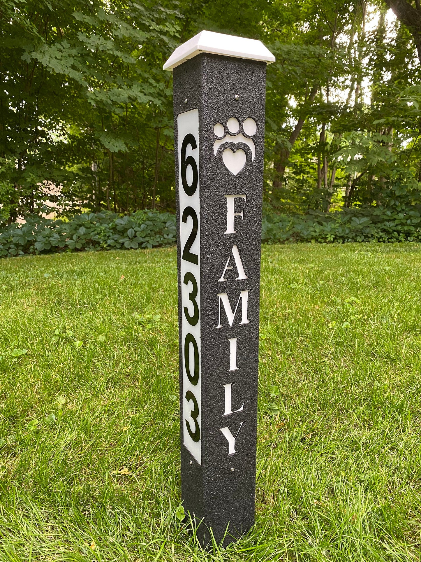 Solar Backlit ADDRESS NUMBER POST, with cutout Welcome, Family or Peace & Symbol, 9 Rich Texture Colors, 3 sided, 32 or 42" lasts years