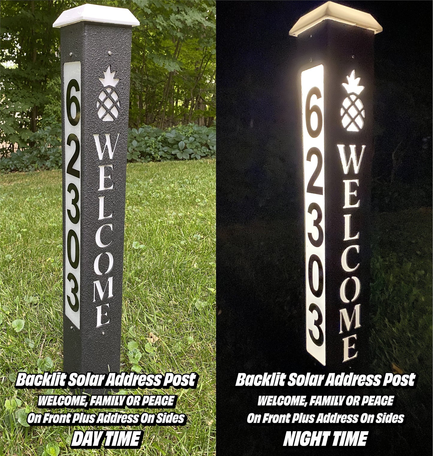 Solar Backlit ADDRESS NUMBER POST, with cutout Welcome, Family or Peace & Symbol, 9 Rich Texture Colors, 3 sided, 32 or 42" lasts years