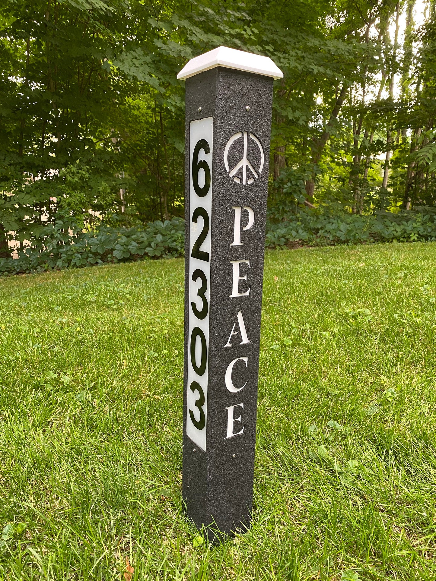 Solar Backlit ADDRESS NUMBER POST, with cutout Welcome, Family or Peace & Symbol, 9 Rich Texture Colors, 3 sided, 32 or 42" lasts years