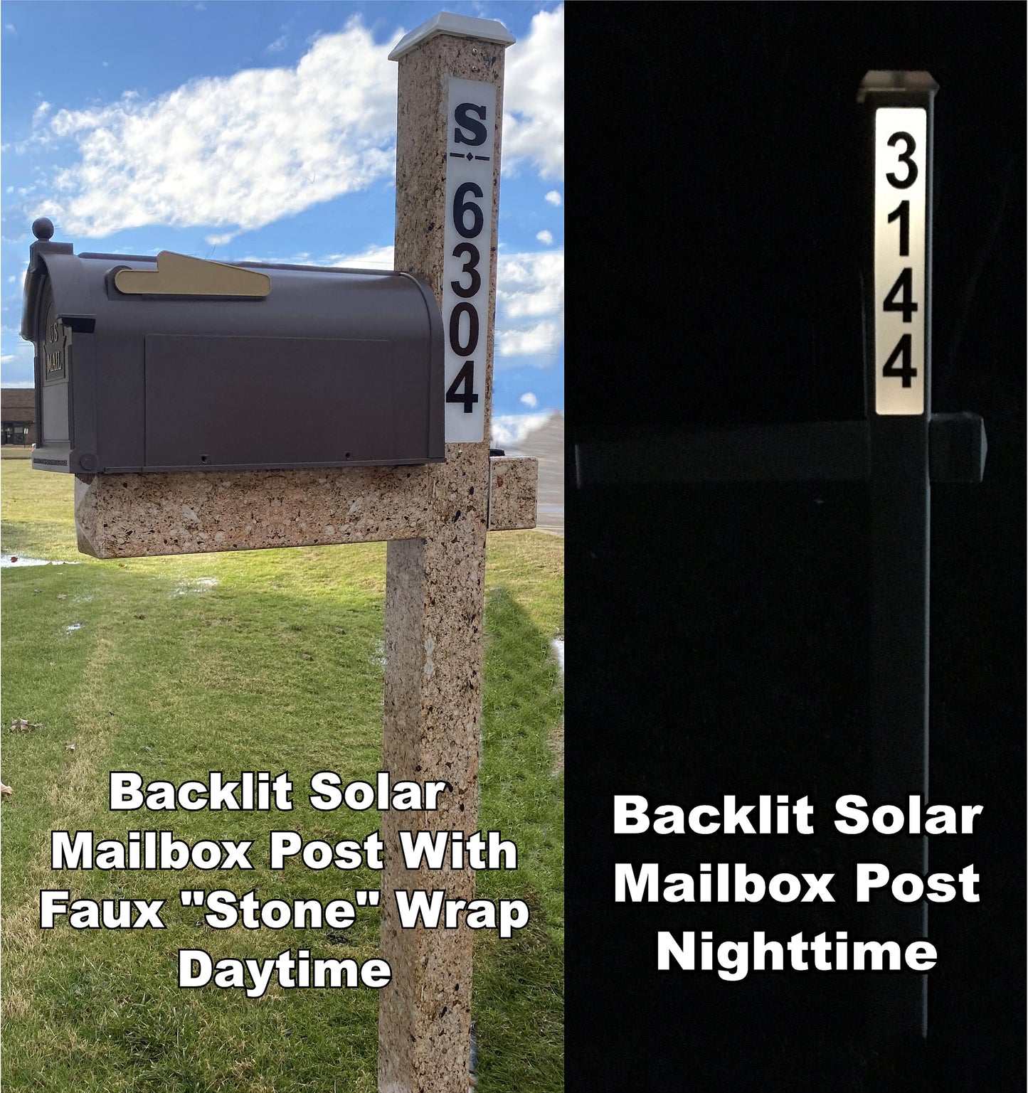 SOLAR ADDRESS Mailbox Post | Led | Illuminated Address Sign | Solar Powered Street Number Post | Lighted Yard Sign | 6 Wrap Options