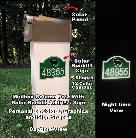 Solar Address Mailbox Post, Column With Solar Backlit Address Sign, Solar Powered LED, Personalize Colors, Graphics and Sign Shapes