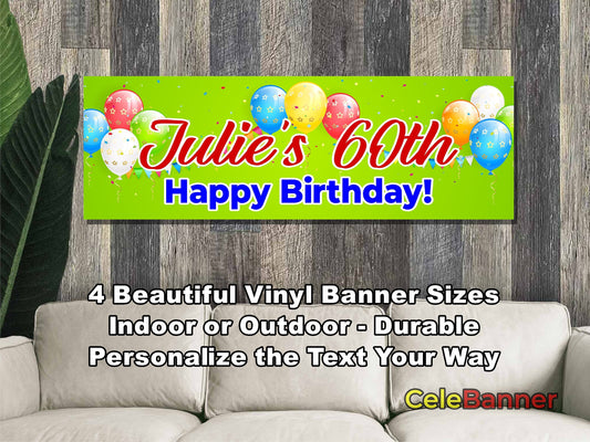 HAPPY BIRTHDAY BANNER, 4 Sizes, Custom Personalized Vinyl Indoor/Outdoor Party Celebration Decoration, Personalize Name and Age, CB204