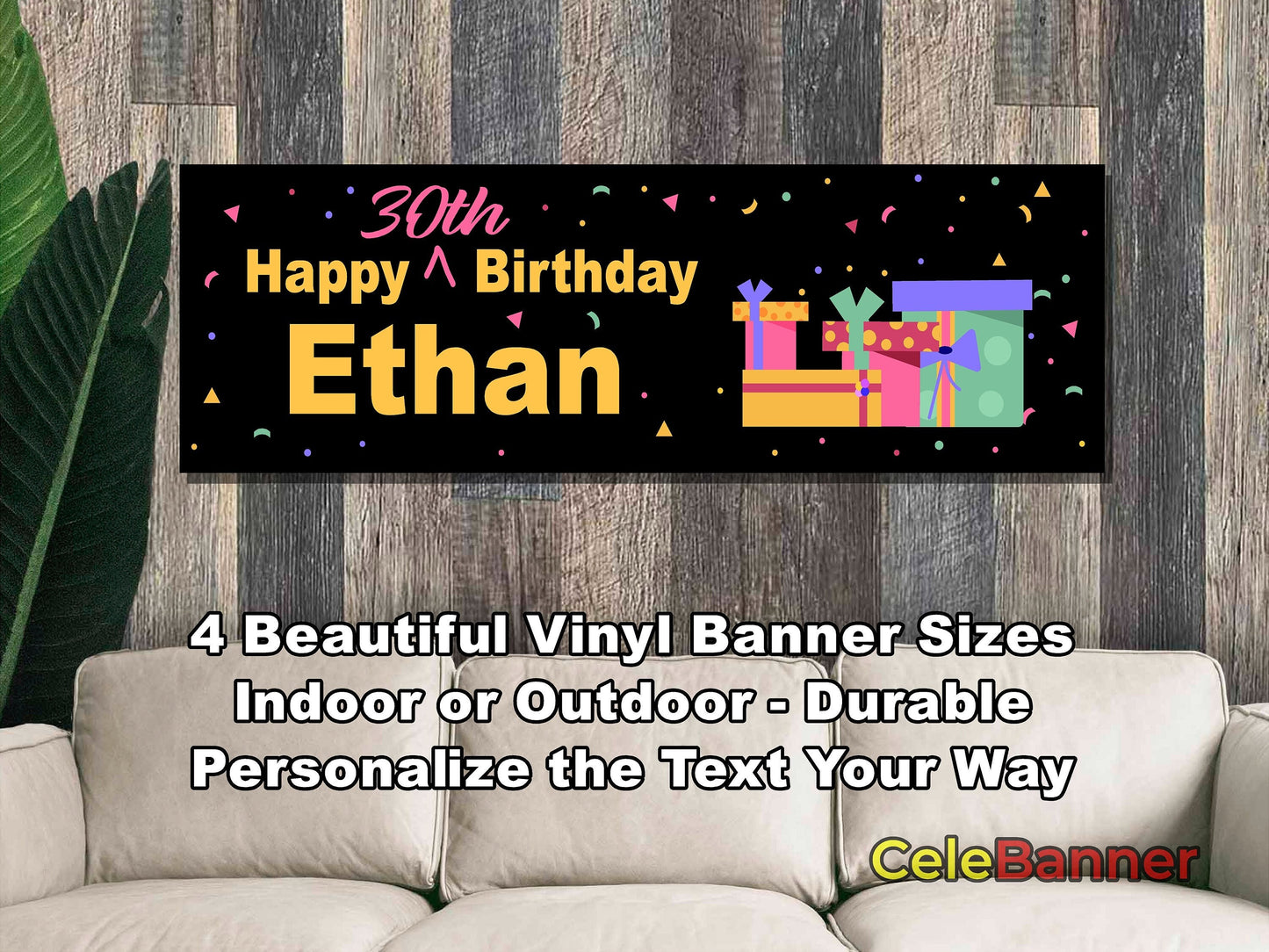 HAPPY BIRTHDAY BANNER, 4 Sizes, Custom Personalized Vinyl Indoor/Outdoor Party Celebration Decoration, Personalize Name and Age, CB117