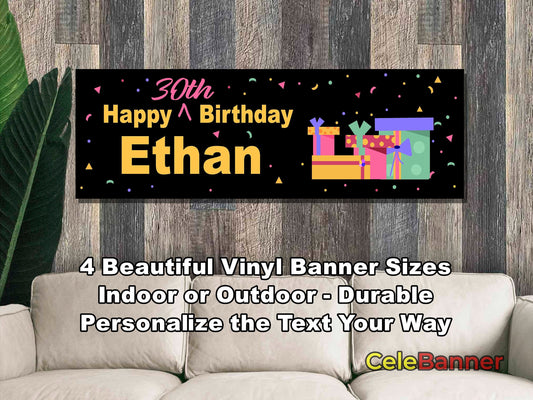 HAPPY BIRTHDAY BANNER, 4 Sizes, Custom Personalized Vinyl Indoor/Outdoor Party Celebration Decoration, Personalize Name and Age, CB117