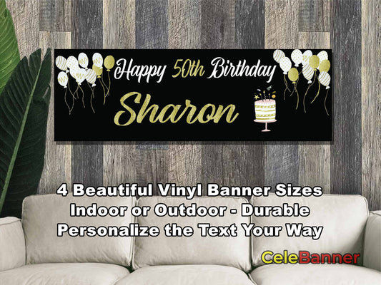 HAPPY BIRTHDAY BANNER, 4 Sizes, Custom Personalized Vinyl Indoor/Outdoor Party Celebration Decoration, Personalize Name and Age, CB113