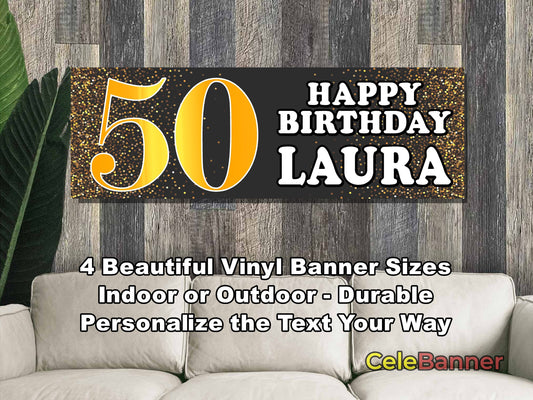 HAPPY BIRTHDAY BANNER, 4 Sizes, Custom Personalized Vinyl Indoor/Outdoor Party Celebration Decoration, Personalize Name and Age, CB134