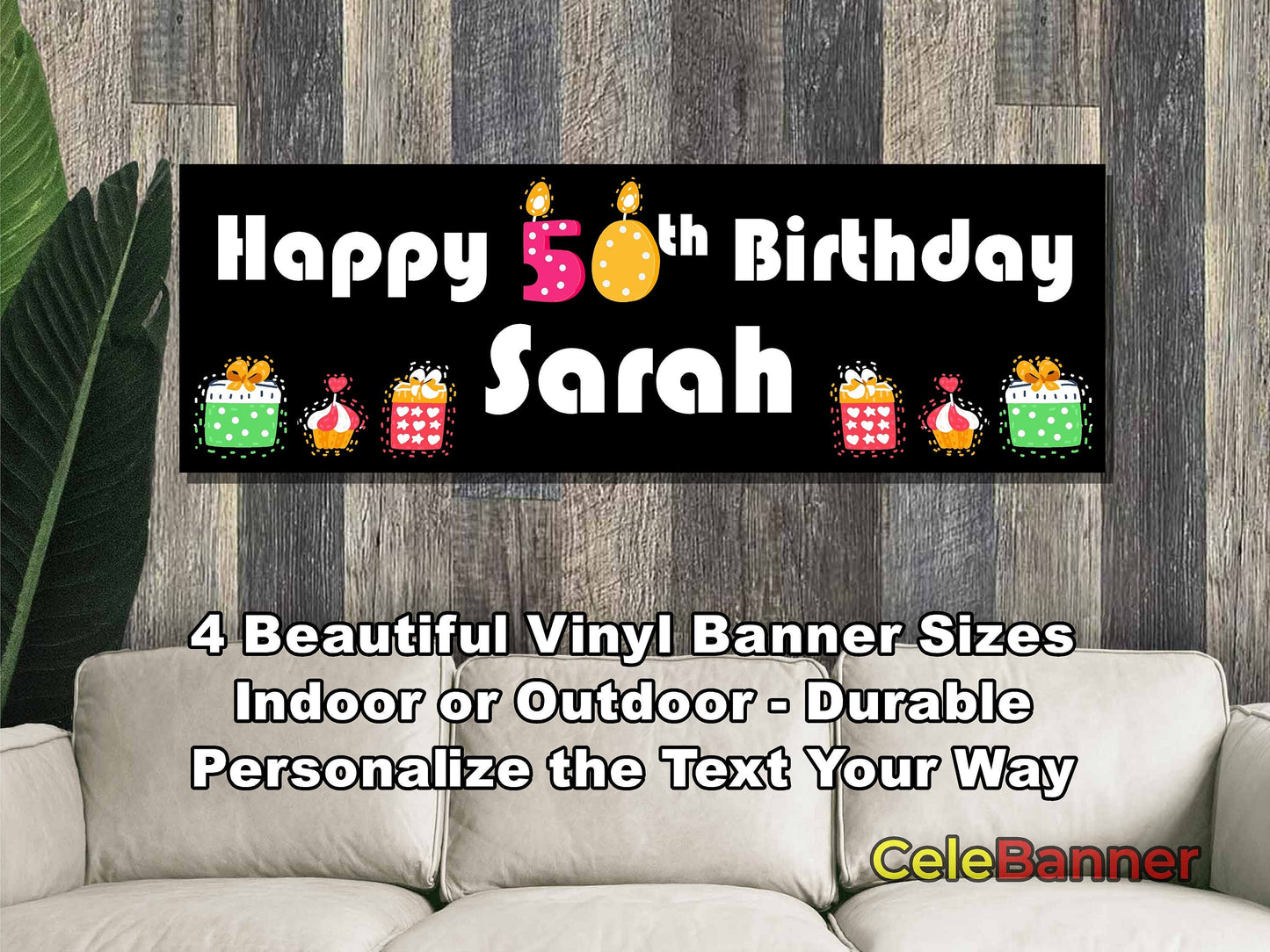 HAPPY BIRTHDAY BANNER, 4 Sizes, Custom Personalized Vinyl Indoor/Outdoor Party Celebration Decoration, Personalize Name and Age, CB114