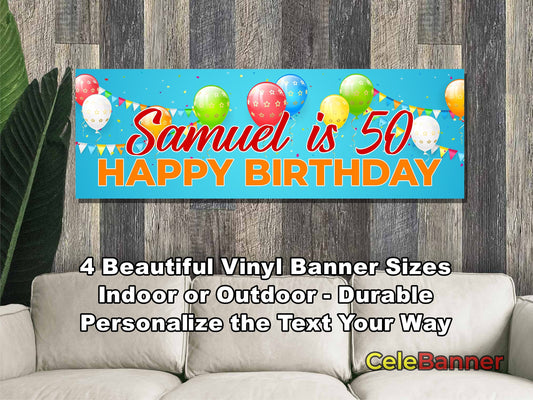 HAPPY BIRTHDAY BANNER, 4 Sizes, Custom Personalized Vinyl Indoor/Outdoor Party Celebration Decoration, Personalize Name and Age, CB205