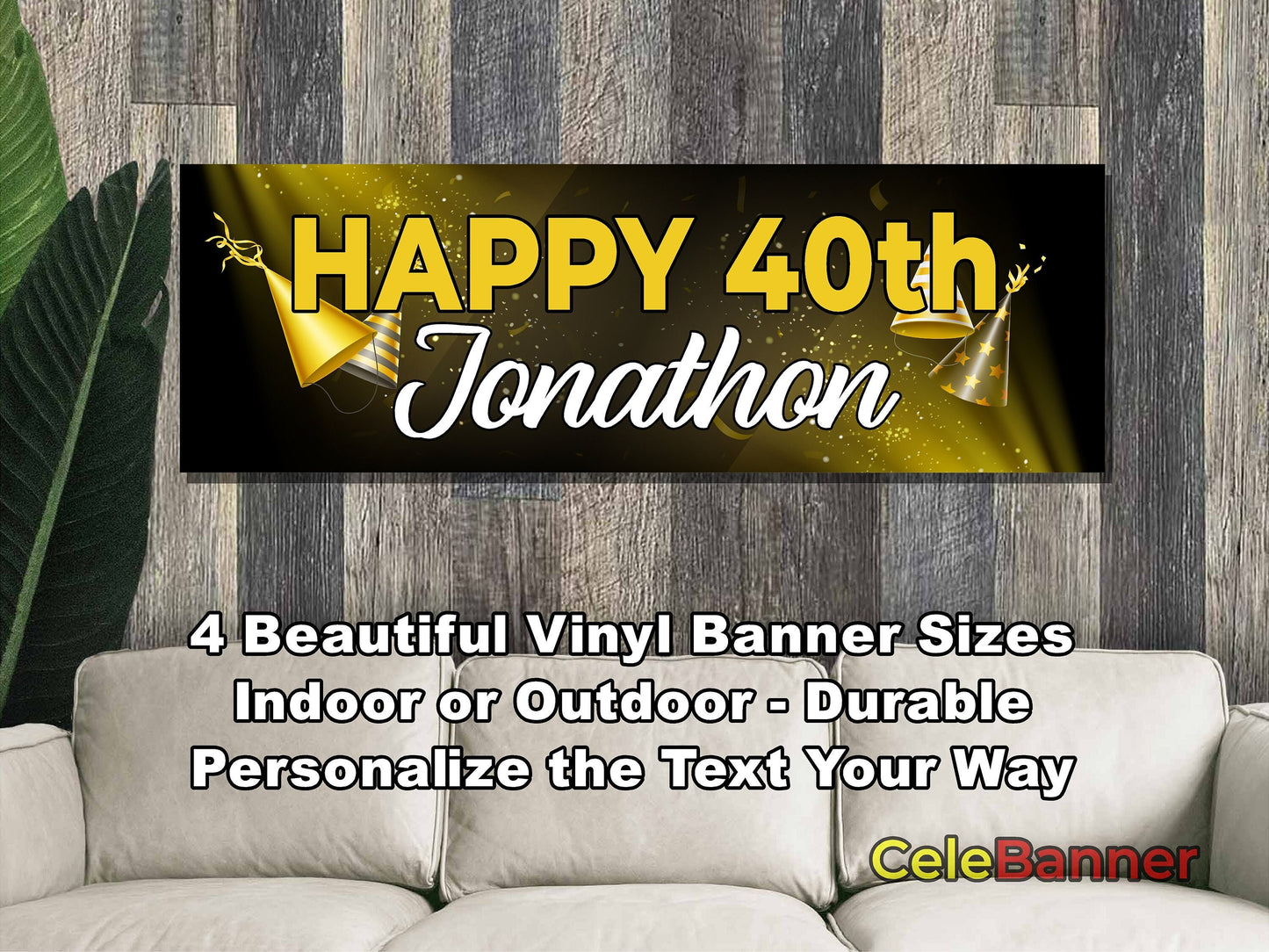 HAPPY BIRTHDAY BANNER, 4 Sizes, Custom Personalized Vinyl Indoor/Outdoor Party Celebration Decoration, Personalize Name and Age, CB102