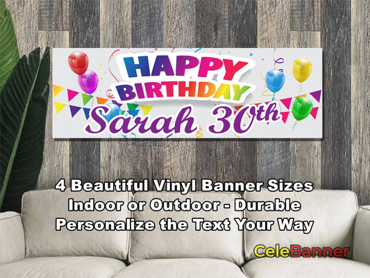 HAPPY BIRTHDAY BANNER, 4 Sizes, Custom Personalized Vinyl Indoor/Outdoor Party Celebration Decoration, Personalize Name and Age, CB106