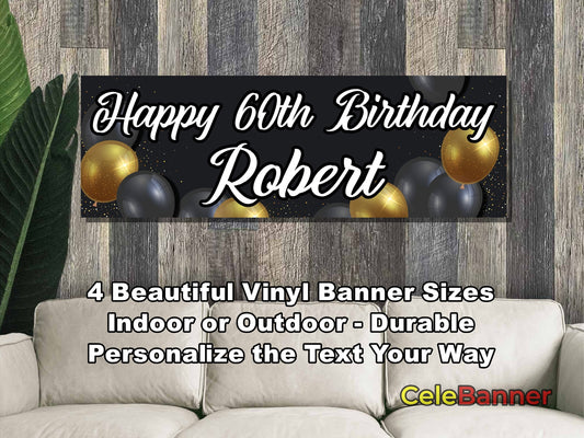 HAPPY BIRTHDAY BANNER, 4 Sizes, Custom Personalized Vinyl Indoor/Outdoor Party Celebration Decoration, Personalize Name and Age, CB111