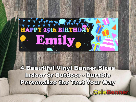 HAPPY BIRTHDAY BANNER, 4 Sizes, Custom Personalized Vinyl Indoor/Outdoor Party Celebration Decoration, Personalize Name and Age, CB116