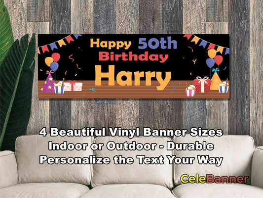HAPPY BIRTHDAY BANNER, 4 Sizes, Custom Personalized Vinyl Indoor/Outdoor Party Celebration Decoration, Personalize Name and Age, CB120