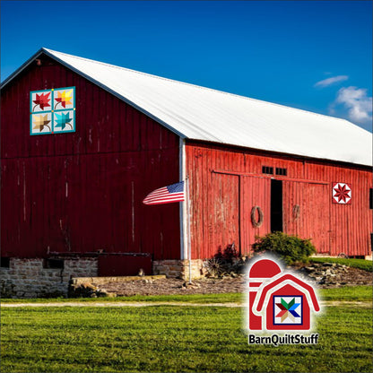 a red barn with an american flag on it