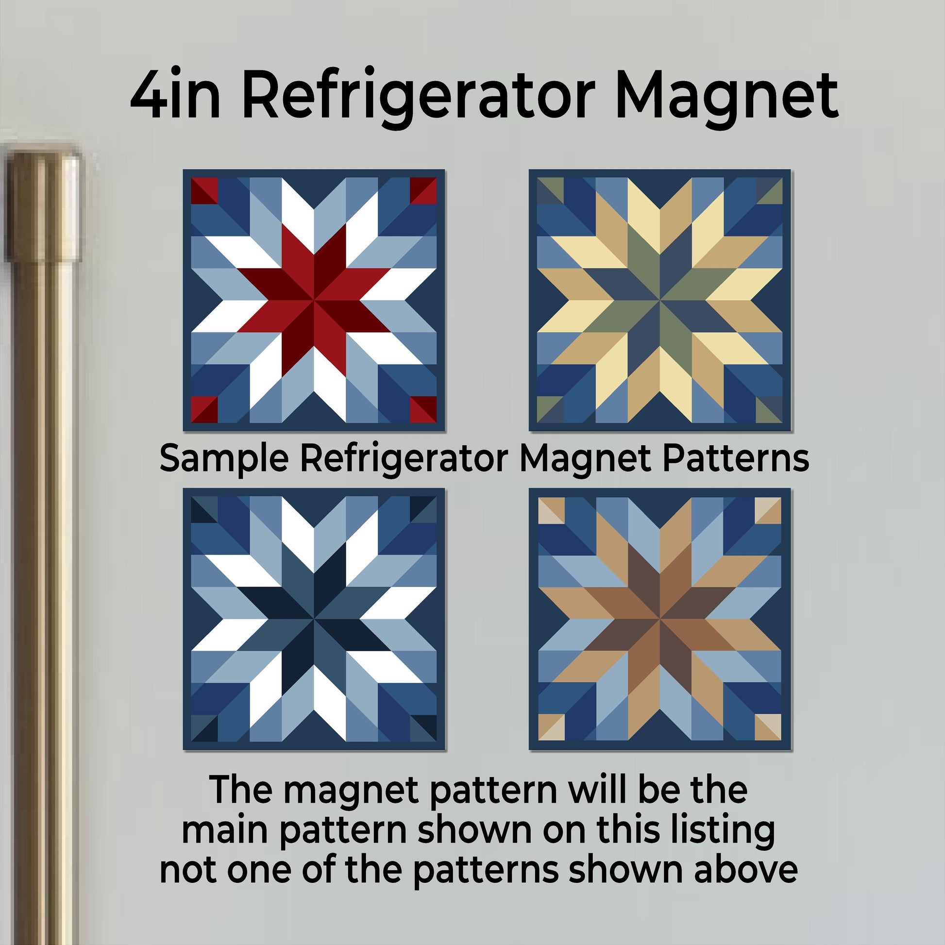 a refrigerator with four different magnets on it