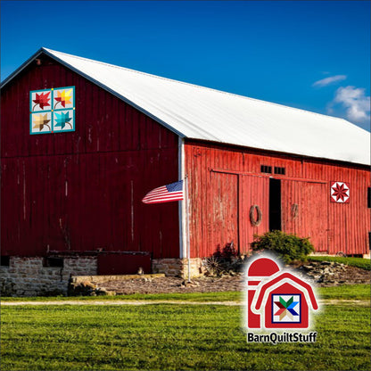 a red barn with an american flag on it