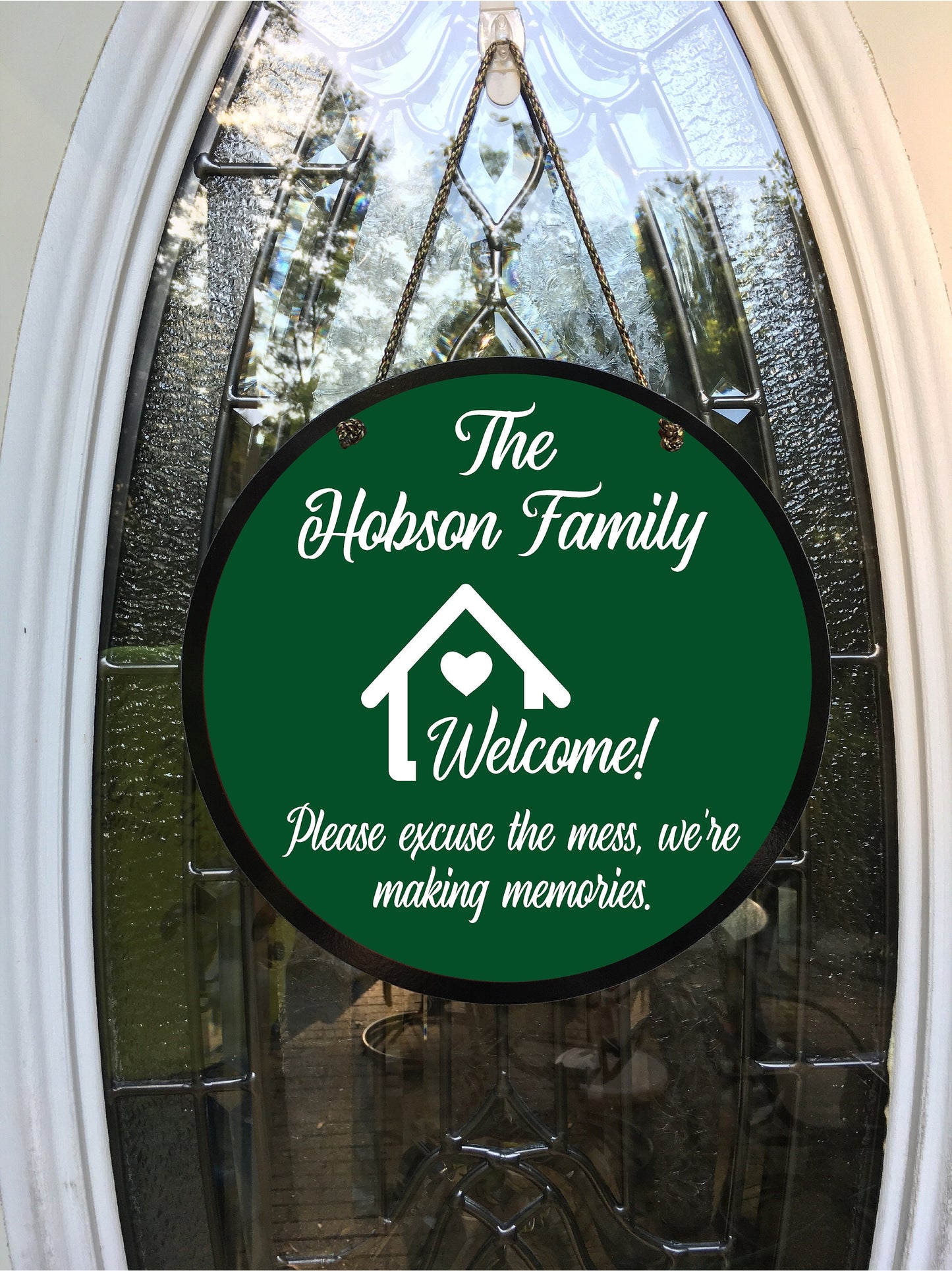 EXCUSEMESS FAMILY CIRCLE sign - Just text when here. No need to knock and get dogs all involved- 11.5"x11.5" - 1/2" thick pvc w/hanging cord