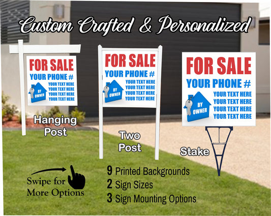 HOME FOR SALE By Owner Sign | Custom Real Estate Yard Sign | Custom Outdoor Lawn Listing Panel | 2 Sided | 9 Designs | 3 Mounting Options