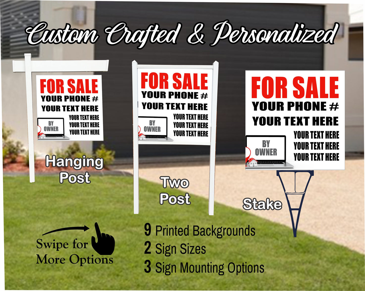 HOME FOR SALE By Owner Sign | Custom Real Estate Yard Sign | Custom Outdoor Lawn Listing Panel | 2 Sided | 9 Designs | 3 Mounting Options