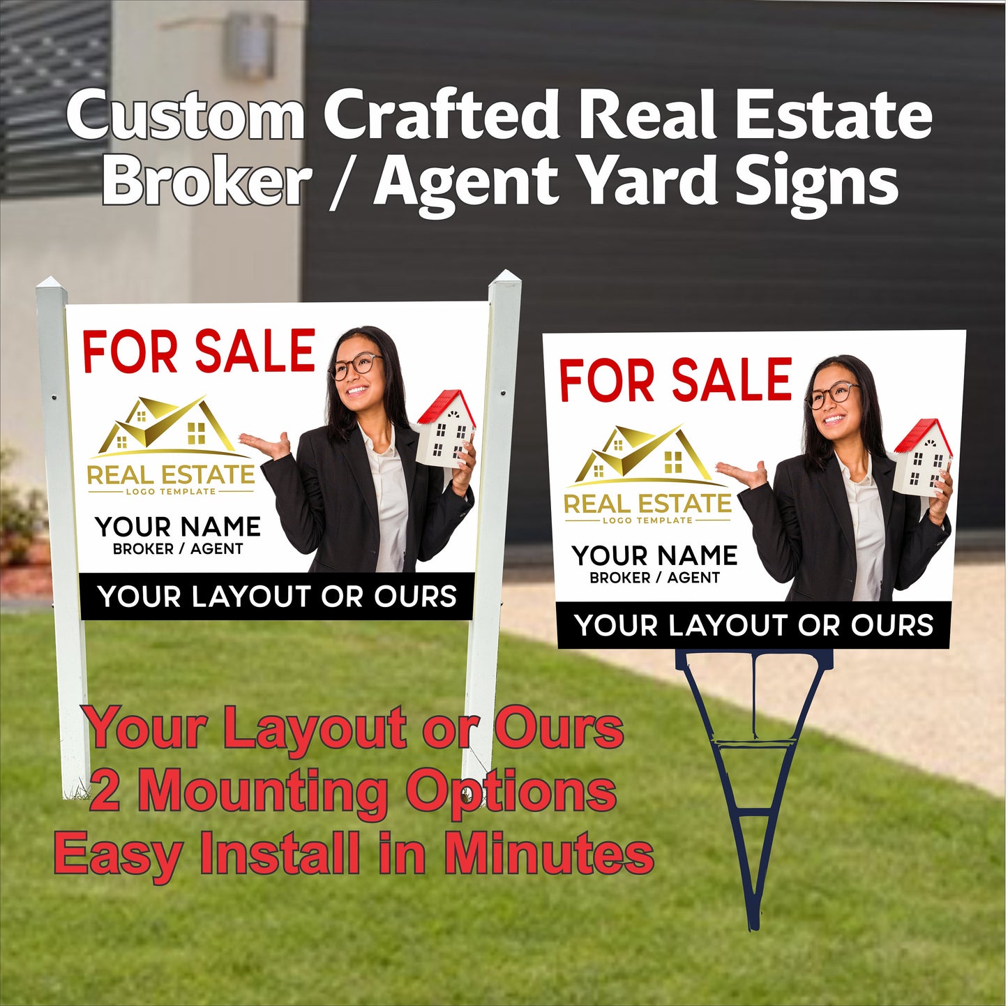 Real Estate Yard Sign, Custom Realty Sign, Personalized Broker Agent Sign, 18in x 24in, Beautiful, Corrugated Plastic, 2 mounting options